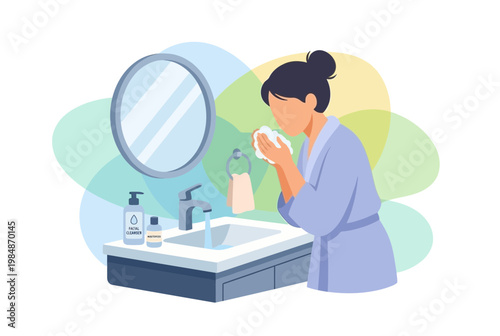 Woman Washing Face in Bathroom for Skincare Routine