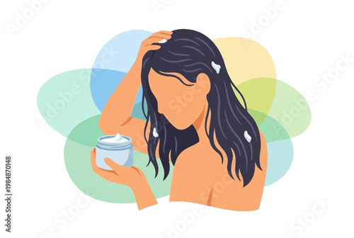 Beautiful woman applying hair mask treatment for grooming and beauty