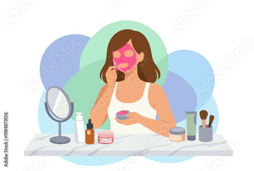 Beautiful woman applying pink facial mask for daily skincare routine