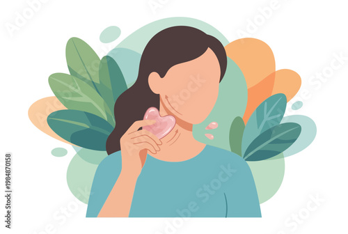 Woman using rose quartz gua sha stone for facial massage skincare