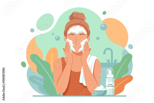 Beauty woman washing her face with foam cleanser for skincare routine