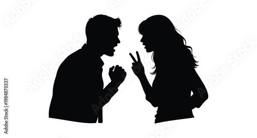 Couple arguing with a peace sign dramatic pose on transparent background silhouette