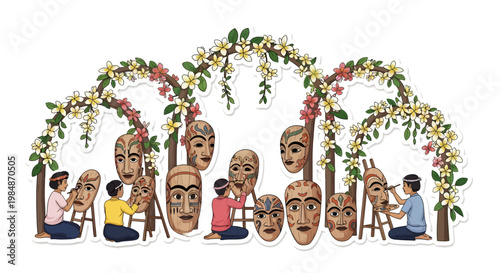 people painting wooden masks under floral arches
