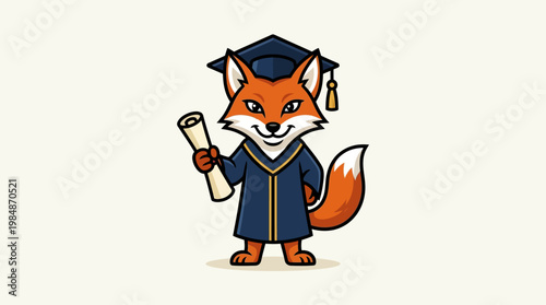 Cartoon Fox Wears Academic Gown Diploma.