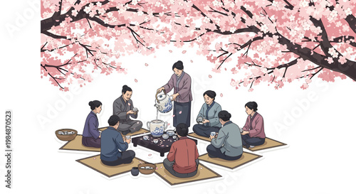 Japanese people having picnic under cherry blossoms, hanami party