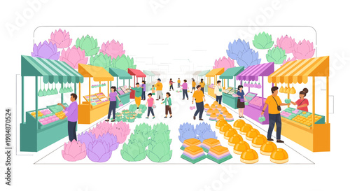 Vibrant outdoor market scene with colorful stalls and people