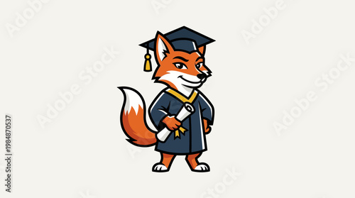 Cartoon Fox Wears Graduation Gown Cap.
