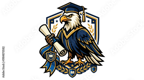 Eagle Wearing Graduation Cap Diploma.