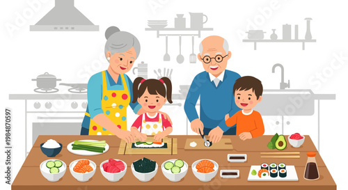 Family cooking together in kitchen making sushi