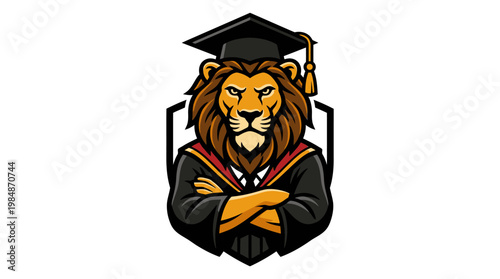Lion wearing graduation cap gown.