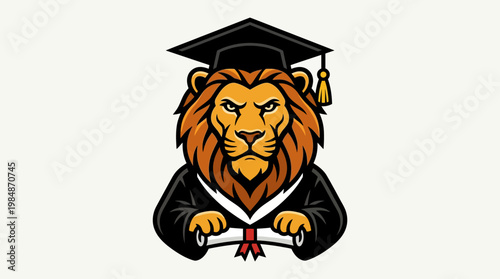 Lion wearing graduation cap gown.
