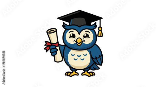 Owl wearing graduation cap diploma.