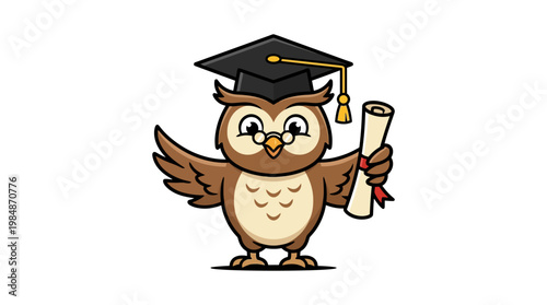 Owl wearing graduation cap diploma.