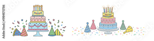 Colorful birthday cakes with candles and party hats