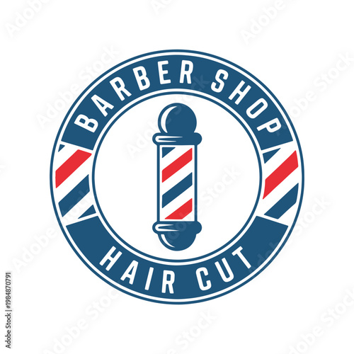 Vintage barbershop logo featuring a barber pole and haircut text