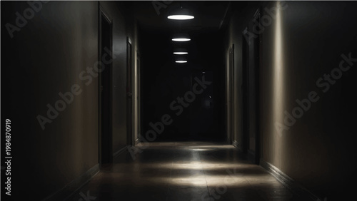 A long, dim hallway with a sense of mystery and anticipation. The minimalist design is emphasized by the shadows and lights.