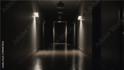 An eerie corridor of mystery bathed in dim light and shadows, inviting a sense of anticipation and unease. The symmetrical composition draws the eye toward the unknown. 