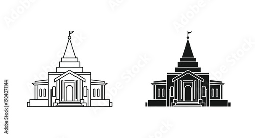 Two depictions of a classical building design a striking silhouette on transparent background