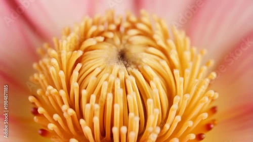 Explore the details of a flower with extreme macro shots of petals, pollen, and stamens in soft natural light