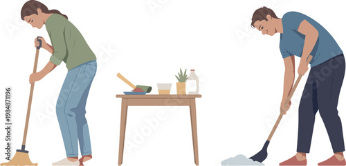 People sweeping and mopping floor. vector illustration flat design. man and woman characters cleaning house.