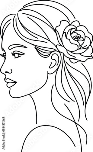 Minimalist line art woman, floral hair accessory, elegant profile, black and white illustration