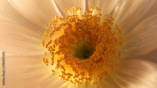 Close up view of flower petal details, pollen and stamens in extreme macro with soft light and abstract background