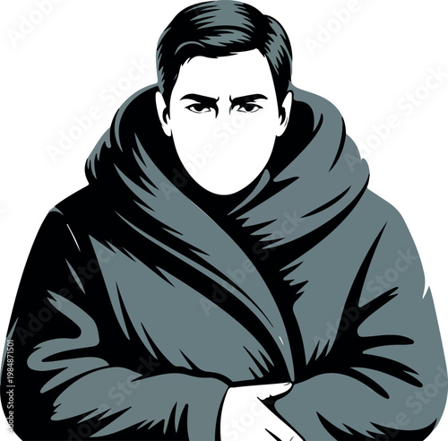 Portrait of a stern looking man in a winter coat with his arms crossed, serious expression.