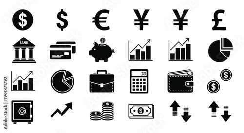 A collection of black vector icons depicting global currencies finance banking and economic growth silhouette high quality professional detailed modern