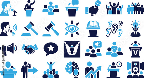 Speech and communication icons for presentations and public speaking.