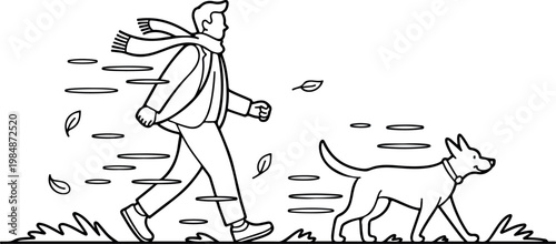 Man walking dog in windy weather, scarf blowing, autumn leaves falling outside.