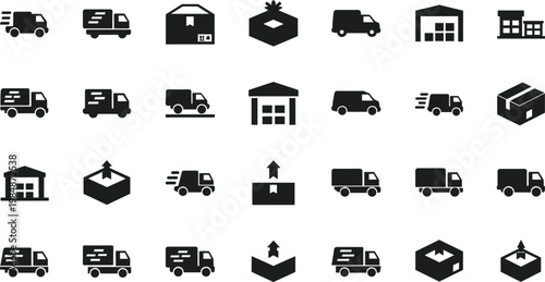 Black Silhouette Logistics and Delivery Icon Set with Trucks Warehouse Boxes and Shipping Transportation Symbols