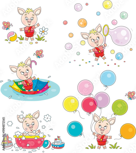 Funny little piglet playing with butterfly, traveling in an umbrella through a puddle, blowing soap bubbles, bathing with toys, launches balloons, a set of vector cartoon illustrations