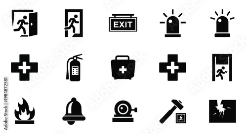 A collection of black safety icons depicting emergency exits alarms medical supplies and hazards a silhouette high quality professional detailed