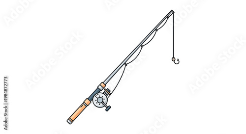 A colorful illustration depicts a fishing rod with line and hook presented as a flat design silhouette high quality professional detailed