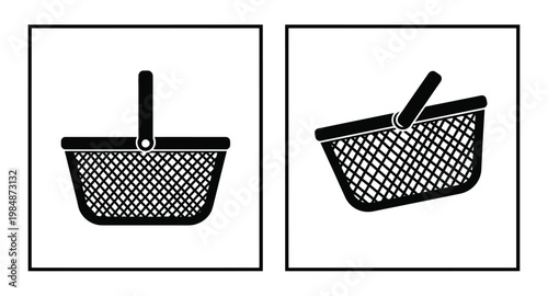 Two black wicker picnic baskets in square frames on transparent background silhouette