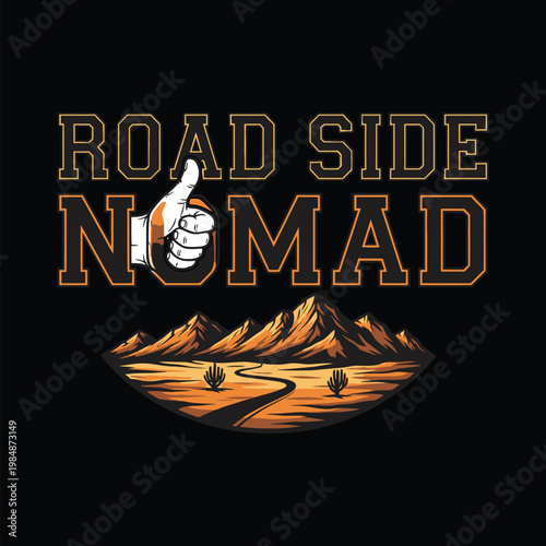 Roadside nomad logo with mountains and desert landscape design