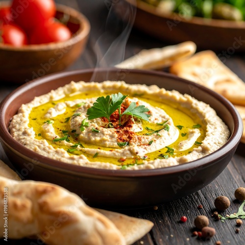 Creamy hummus bowl with olive oil and parsley, with pita and tomatoes around