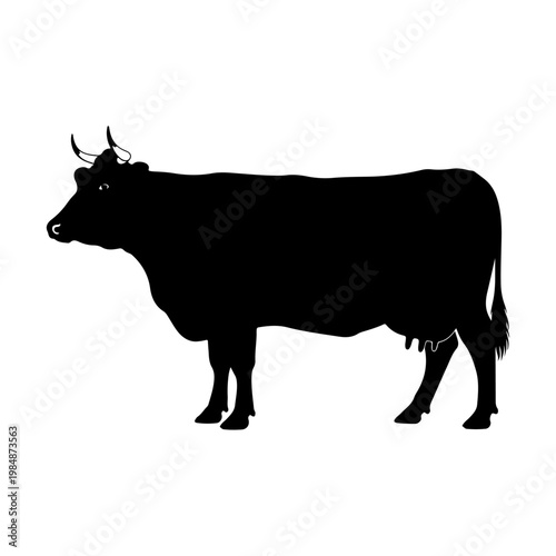 Black silhouette of a standing cow with curved horns and a calm expression