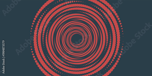 Circular Halftone Pattern Concentric Circles Frame Vector Red Black Colour Abstract Background. Mod Minimalist Art Half Tone Graphics Rippled Structure. Retro Futurism Technology Art Illustration