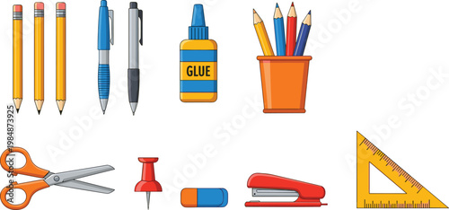 School supplies vector set with pencils pens glue scissors and stationery tools illustration isolated on white background