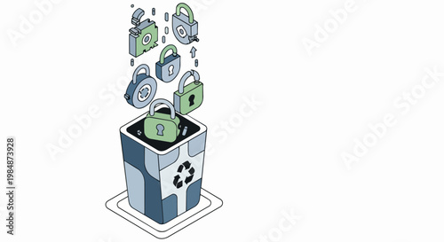 Cybersecurity and Data Protection Concept: Discarding Padlocks and Hardware into a Recycle Bin for Secure Disposal and Technology Decommissioning