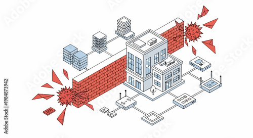 Isometric Network Security Illustration showing Firewall Protection against Malware Attack on Corporate Office and Server Infrastructure