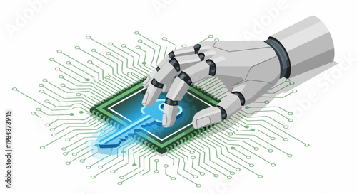 AI Cyber Security Concept with Robotic Hand Holding a Glowing Digital Key Over a Computer Processor Chip on Circuit Board Background