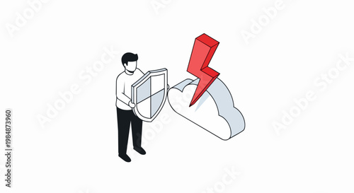 Cloud Security and Data Protection Isometric Illustration with Man Shielding Cloud from Lightning Bolt for Cybersecurity and Risk Management Concepts