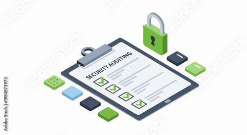Isometric Cybersecurity Auditing Concept with Digital Checklist and Secure Padlock Icon