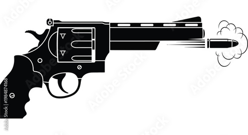 A black revolver firing a bullet with visible smoke trails presented as a dramatic silhouette high quality professional detailed modern elegant