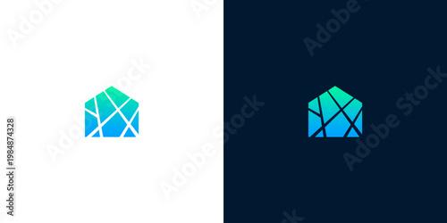 Geometric house logo design in blue and green gradient, clean and modern abstract building emblem on white and dark backgrounds