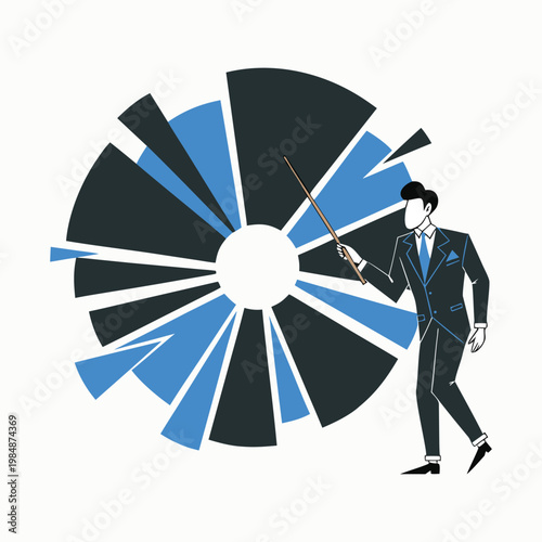 Businessman using a pointer to explain segments of a large circular pie chart during presentation illustration