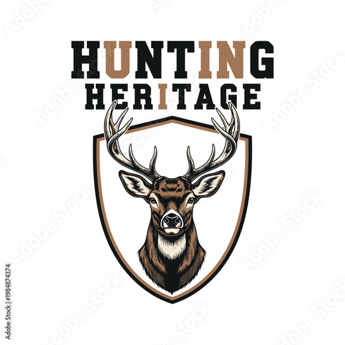 Hunting heritage logo with deer head and shield emblem design