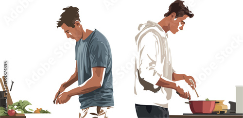 Two men preparing food together in kitchen, stirring pot, cooking meal, healthy lifestyle.
